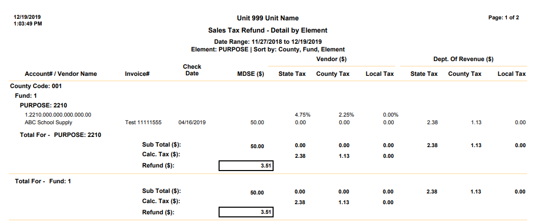 sample sales tax refund report